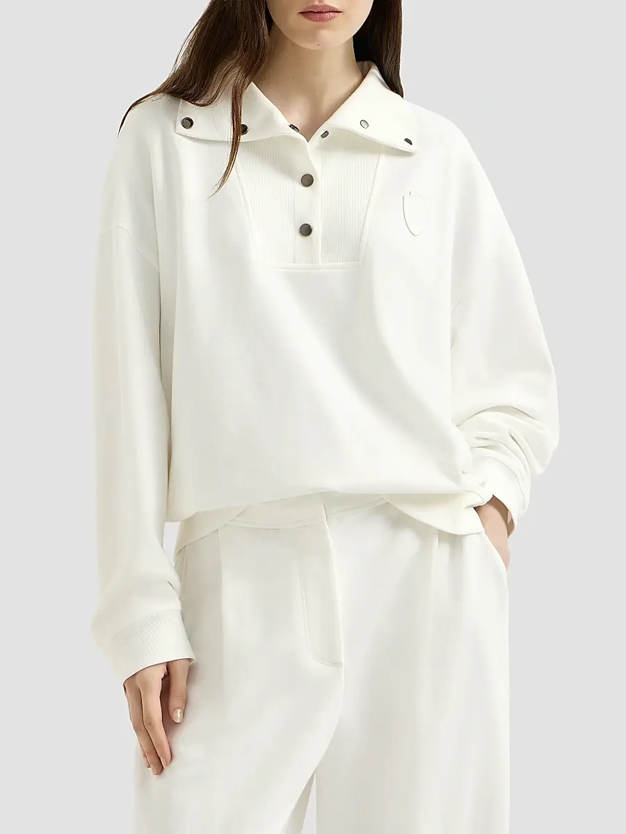 Brunello Cucinelli Women's Cotton Smooth French Terry Sweatshirt with Logo - White | Thumbnail 2 Brunello Cucinelli Women's Cotton Smooth French Terry Sweatshirt with Logo - White | Thumbnail 2