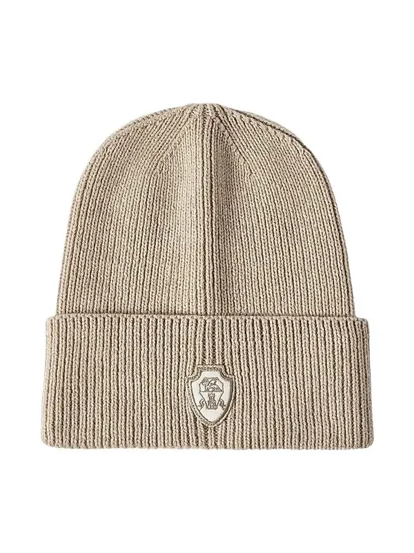 Brunello Cucinelli Women's Cashmere English Rib Knit Beanie with Patch Logo - Sand