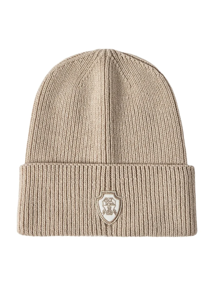 Brunello Cucinelli Women's Cashmere English Rib Knit Beanie with Patch Logo - Sand