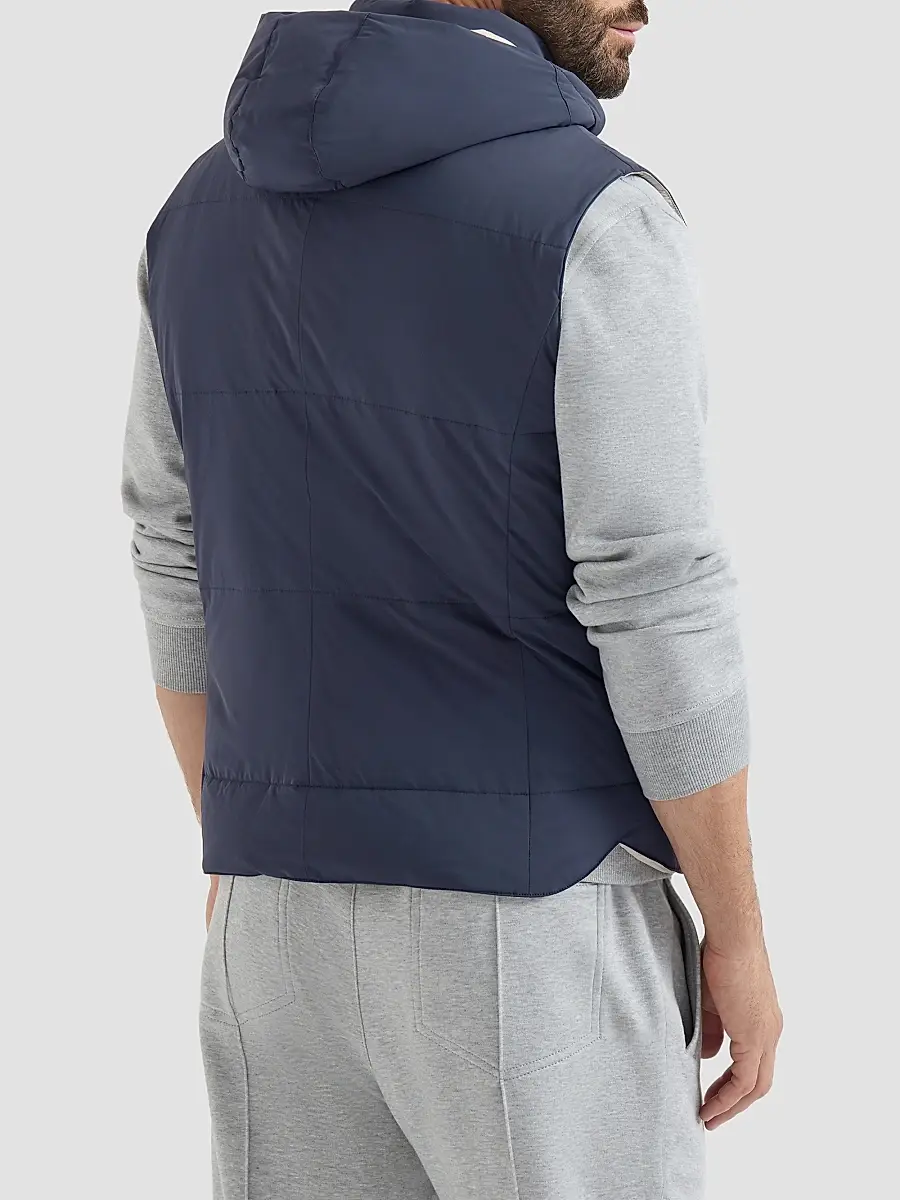 Brunello Cucinelli Men's Bonded Nylon Down Vest with Detachable Hood - Blue | Thumbnail 3 Brunello Cucinelli Men's Bonded Nylon Down Vest with Detachable Hood - Blue | Thumbnail 3