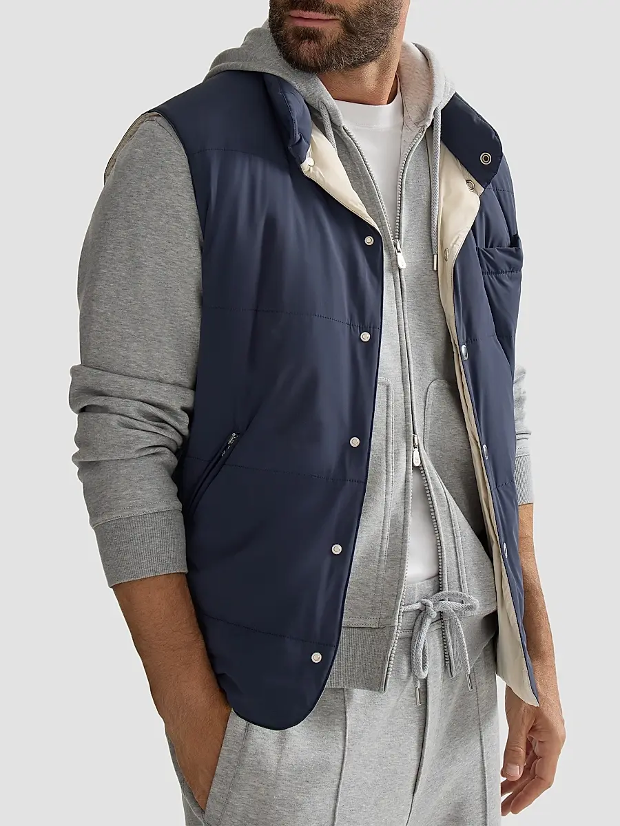 Brunello Cucinelli Men's Bonded Nylon Down Vest with Detachable Hood - Blue | Thumbnail 4 Brunello Cucinelli Men's Bonded Nylon Down Vest with Detachable Hood - Blue | Thumbnail 4
