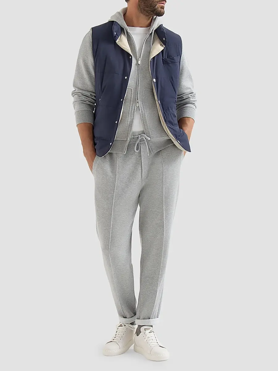 Brunello Cucinelli Men's Bonded Nylon Down Vest with Detachable Hood - Blue | Thumbnail 6 Brunello Cucinelli Men's Bonded Nylon Down Vest with Detachable Hood - Blue | Thumbnail 6