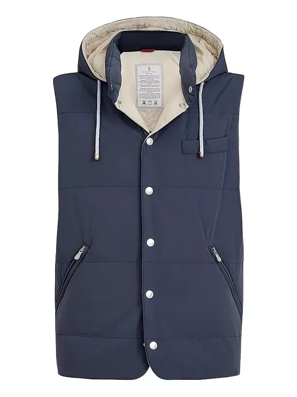 Brunello Cucinelli Men's Bonded Nylon Down Vest with Detachable Hood - Blue