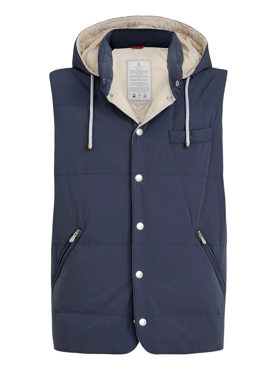 Brunello Cucinelli Men's Bonded Nylon Down Vest with Detachable Hood - Blue