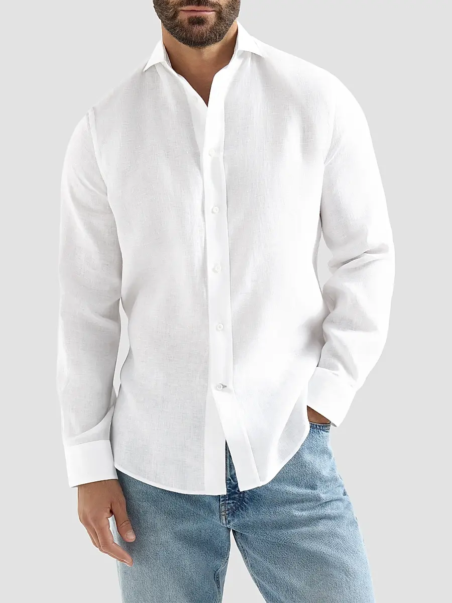 Brunello Cucinelli Men's Linen Shirt with Spread Collar - White | Thumbnail 2 Brunello Cucinelli Men's Linen Shirt with Spread Collar - White | Thumbnail 2