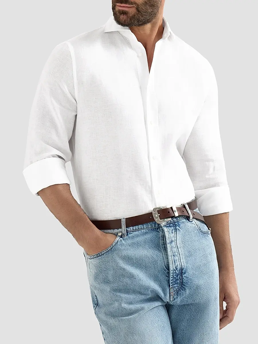 Brunello Cucinelli Men's Linen Shirt with Spread Collar - White | Thumbnail 4 Brunello Cucinelli Men's Linen Shirt with Spread Collar - White | Thumbnail 4