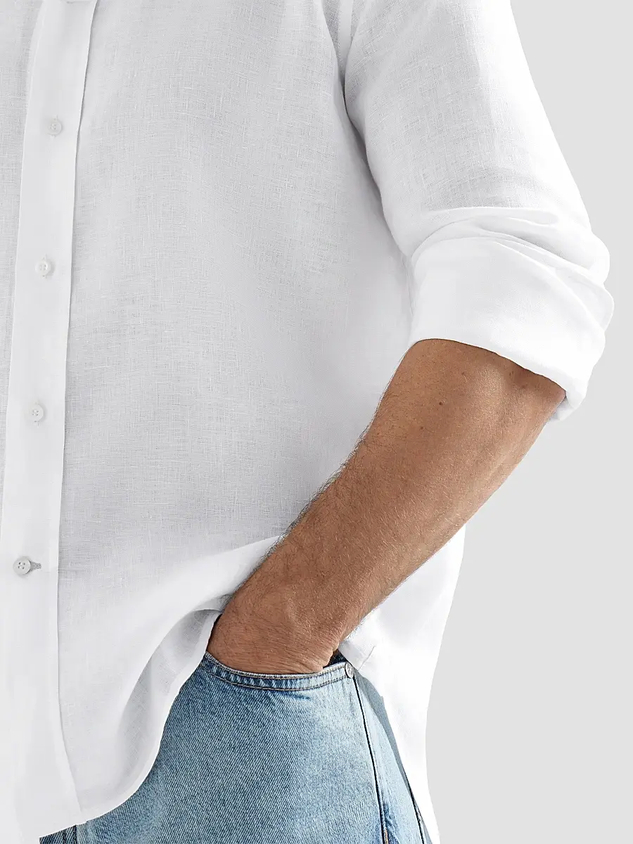 Brunello Cucinelli Men's Linen Shirt with Spread Collar - White | Thumbnail 5 Brunello Cucinelli Men's Linen Shirt with Spread Collar - White | Thumbnail 5