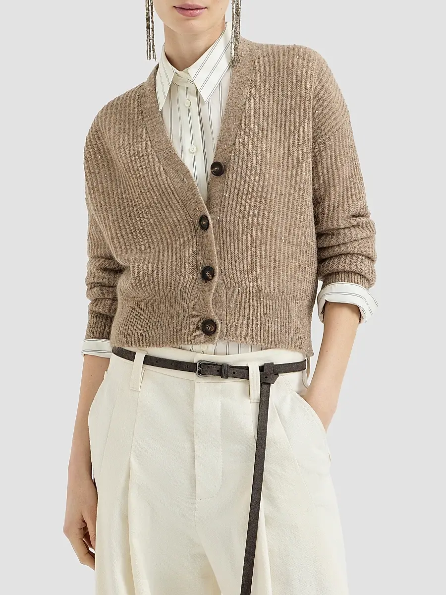 Brunello Cucinelli Women's Mohair, Cotton and Wool Diamond Yarn English Rib Cardigan | Thumbnail 2
