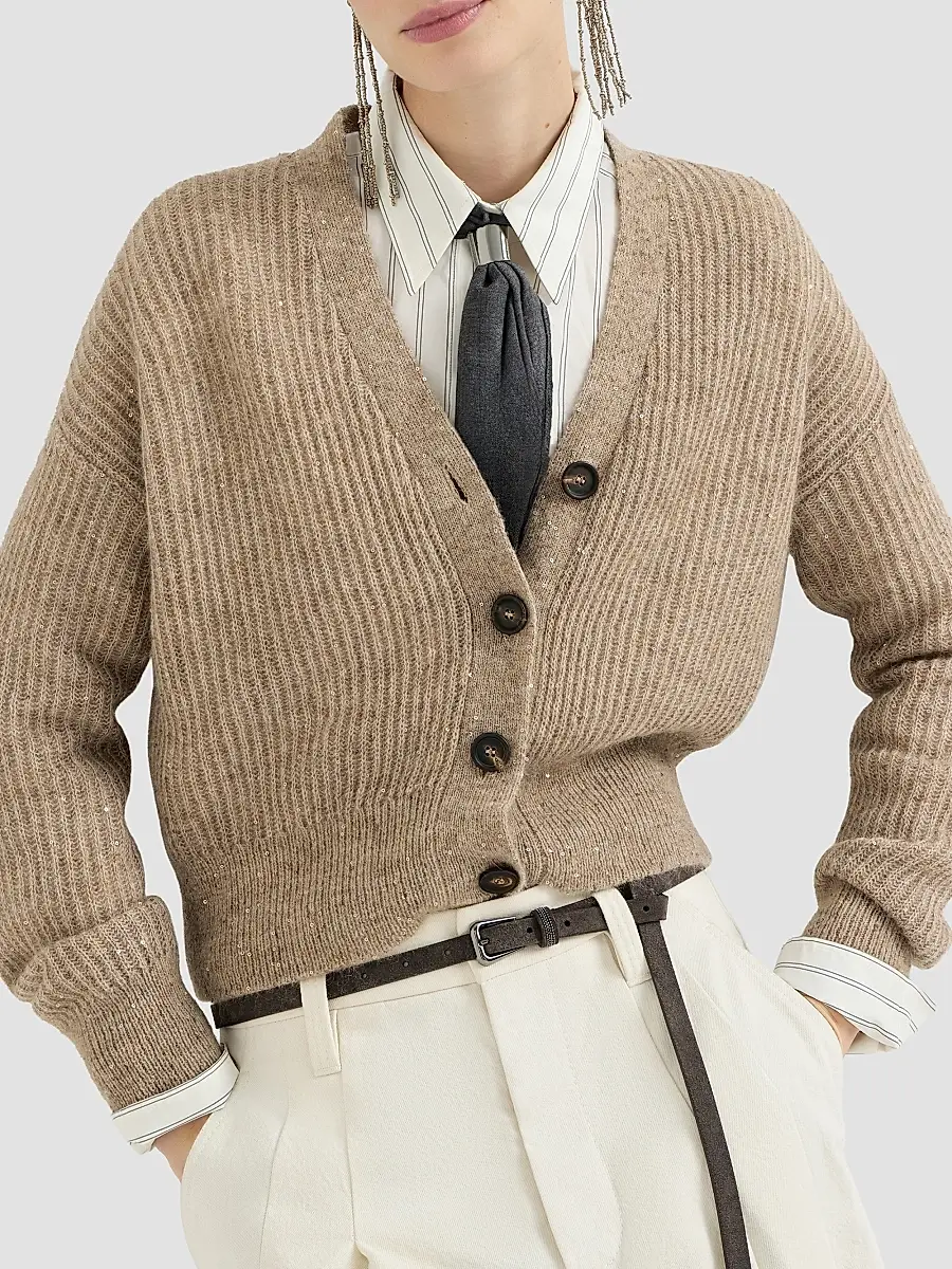 Brunello Cucinelli Women's Mohair, Cotton and Wool Diamond Yarn English Rib Cardigan | Thumbnail 4