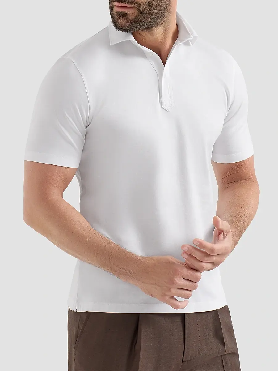 Brunello Cucinelli Men's Cotton Jersey Polo Shirt with Shirt-Style Collar - White | Thumbnail 2 Brunello Cucinelli Men's Cotton Jersey Polo Shirt with Shirt-Style Collar - White | Thumbnail 2