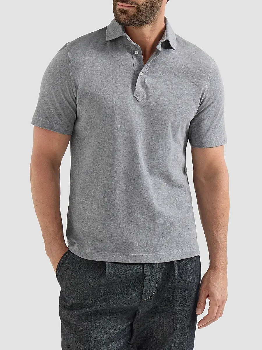 Brunello Cucinelli Men's Cotton Jersey Polo Shirt with Shirt-Style Collar - Medium Grey | Thumbnail 2 Brunello Cucinelli Men's Cotton Jersey Polo Shirt with Shirt-Style Collar - Medium Grey | Thumbnail 2