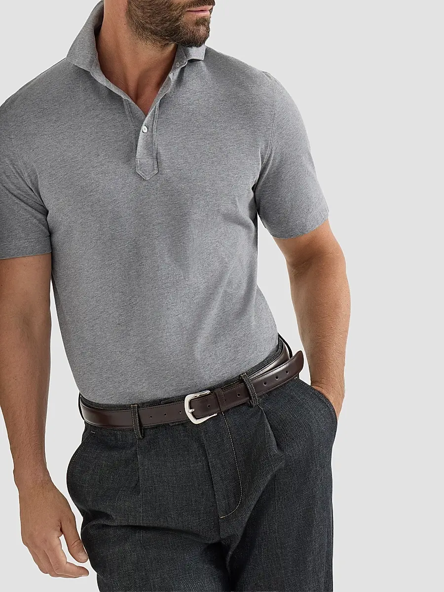 Brunello Cucinelli Men's Cotton Jersey Polo Shirt with Shirt-Style Collar - Medium Grey | Thumbnail 4 Brunello Cucinelli Men's Cotton Jersey Polo Shirt with Shirt-Style Collar - Medium Grey | Thumbnail 4