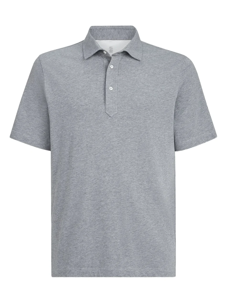 Brunello Cucinelli Men's Cotton Jersey Polo Shirt with Shirt-Style Collar - Medium Grey