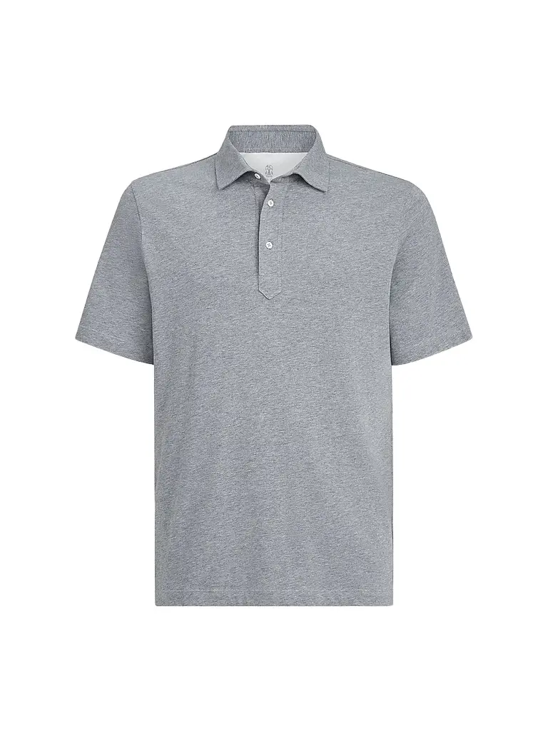 Brunello Cucinelli Men's Cotton Jersey Polo Shirt with Shirt-Style Collar - Medium Grey