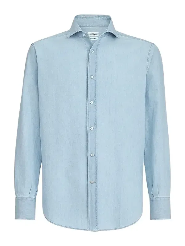 Brunello Cucinelli Men's Denim-Effect Chambray Shirt with Spread Collar - Medium Denim