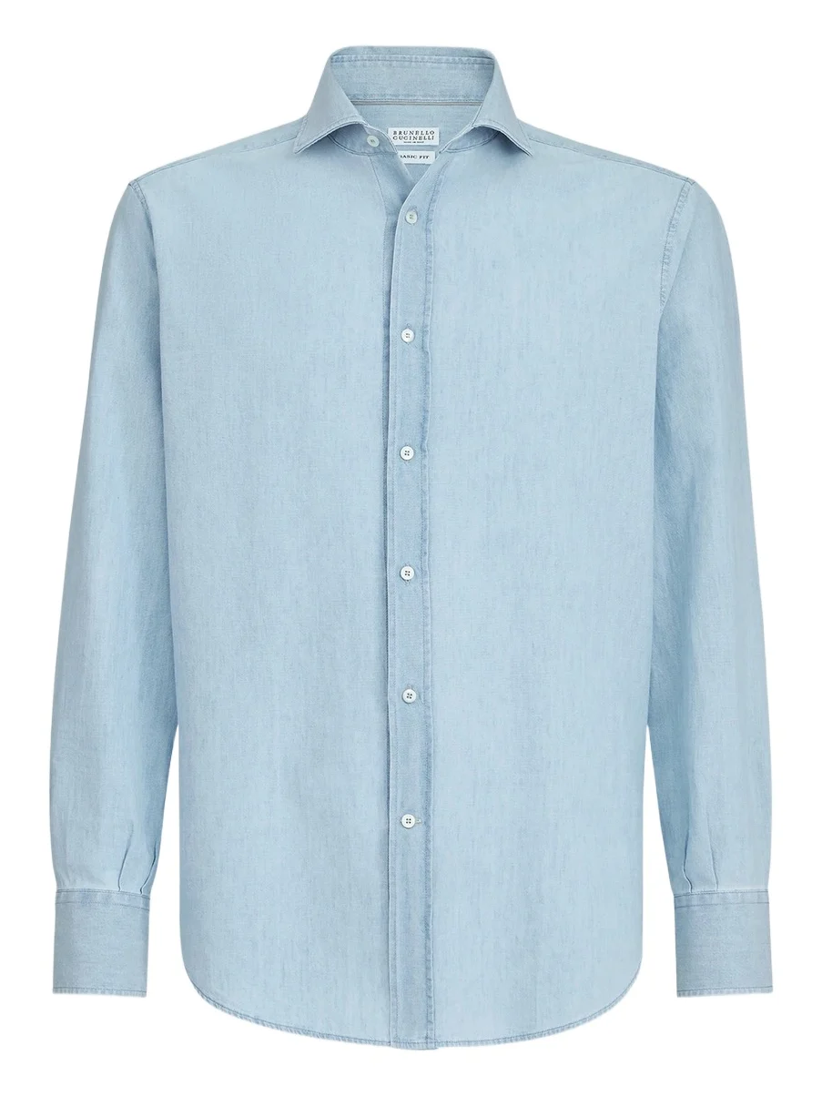 Brunello Cucinelli Men's Denim-Effect Chambray Shirt with Spread Collar - Medium Denim