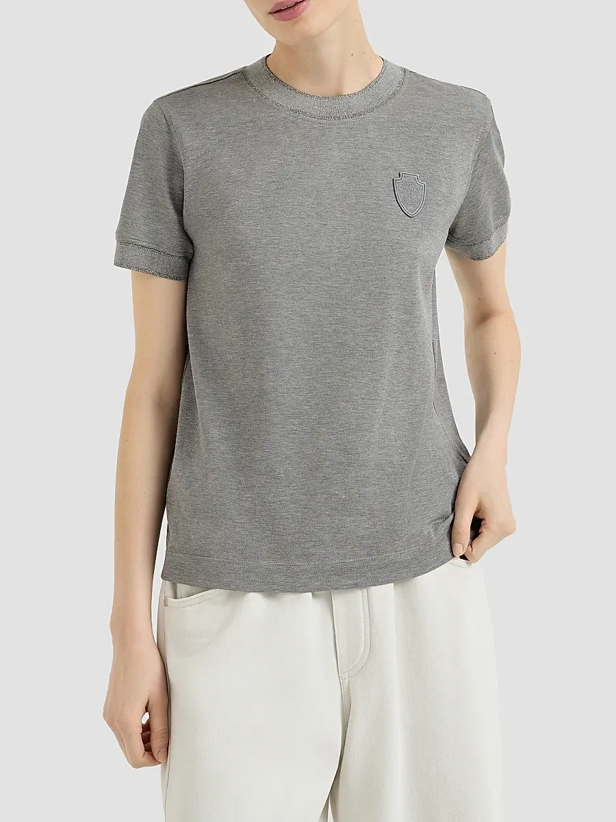 Brunello Cucinelli Women's Stretch Cotton Piqué T-Shirt with Sparkling Cotton Knit Inserts and Logo - Dark Grey | Thumbnail 2 Brunello Cucinelli Women's Stretch Cotton Piqué T-Shirt with Sparkling Cotton Knit Inserts and Logo - Dark Grey | Thumbnail 2