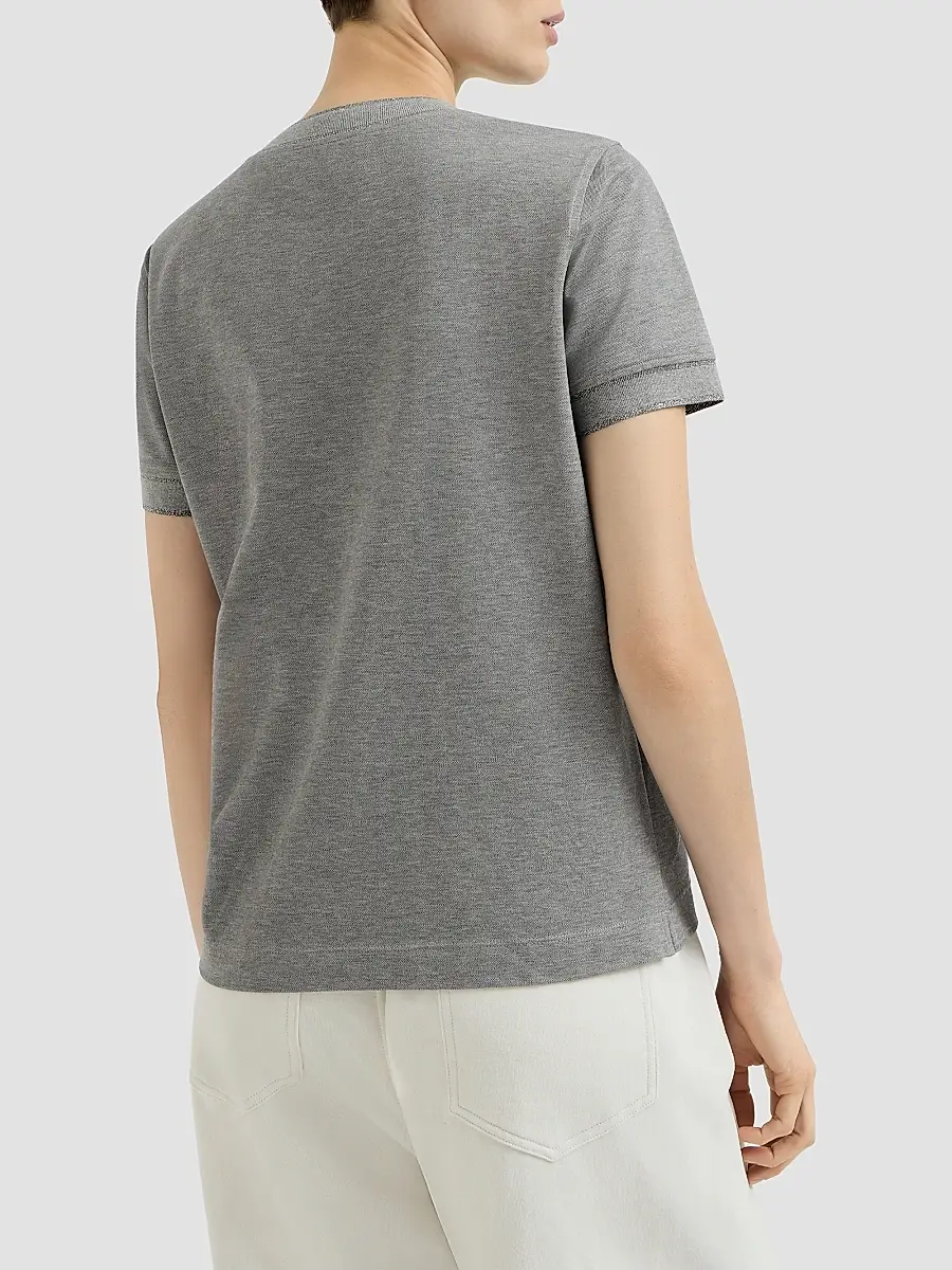 Brunello Cucinelli Women's Stretch Cotton Piqué T-Shirt with Sparkling Cotton Knit Inserts and Logo - Dark Grey | Thumbnail 3 Brunello Cucinelli Women's Stretch Cotton Piqué T-Shirt with Sparkling Cotton Knit Inserts and Logo - Dark Grey | Thumbnail 3