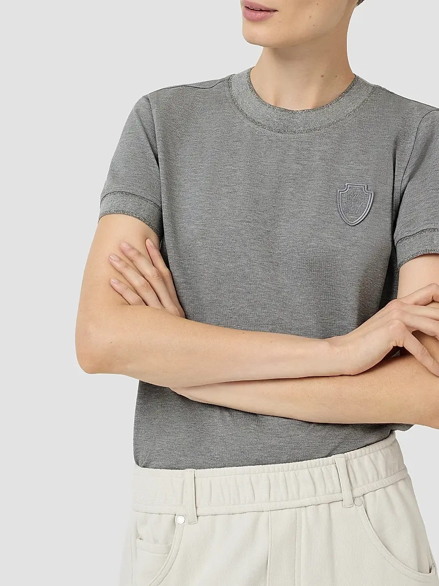 Brunello Cucinelli Women's Stretch Cotton Piqué T-Shirt with Sparkling Cotton Knit Inserts and Logo - Dark Grey | Thumbnail 4 Brunello Cucinelli Women's Stretch Cotton Piqué T-Shirt with Sparkling Cotton Knit Inserts and Logo - Dark Grey | Thumbnail 4