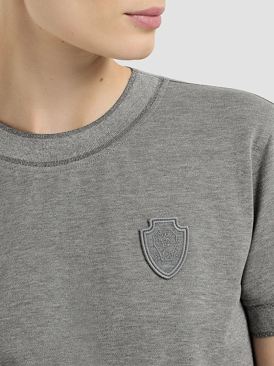Brunello Cucinelli Women's Stretch Cotton Piqué T-Shirt with Sparkling Cotton Knit Inserts and Logo - Dark Grey | Thumbnail 5 Brunello Cucinelli Women's Stretch Cotton Piqué T-Shirt with Sparkling Cotton Knit Inserts and Logo - Dark Grey | Thumbnail 5