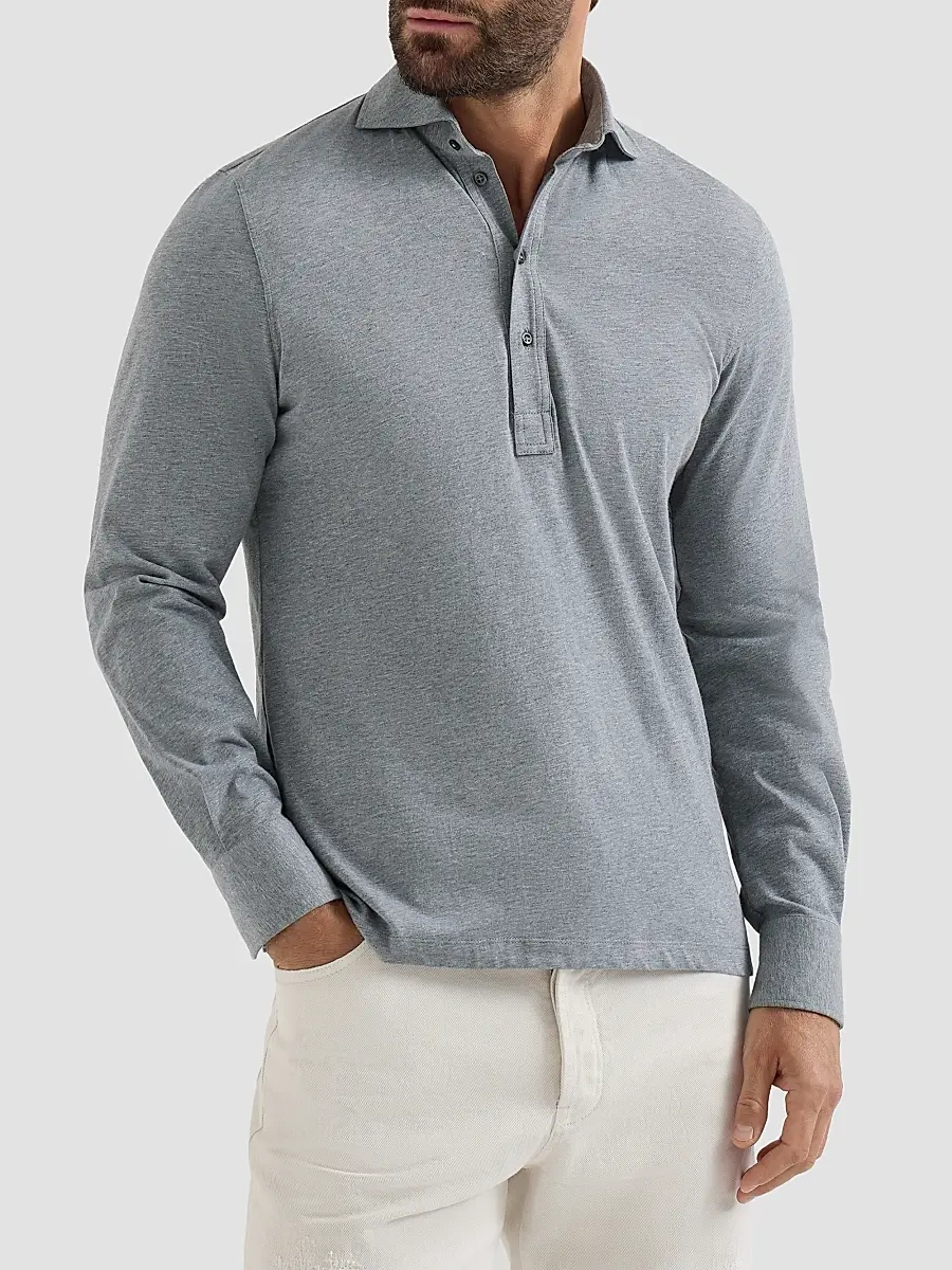 Brunello Cucinelli Men's Cotton Jersey Long Sleeve Polo Shirt | Thumbnail 2 Brunello Cucinelli Men's Cotton Jersey Long Sleeve Polo Shirt | Thumbnail 2