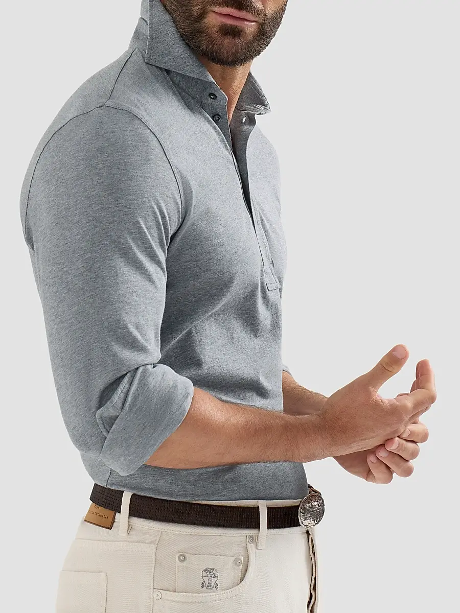 Brunello Cucinelli Men's Cotton Jersey Long Sleeve Polo Shirt | Thumbnail 5 Brunello Cucinelli Men's Cotton Jersey Long Sleeve Polo Shirt | Thumbnail 5