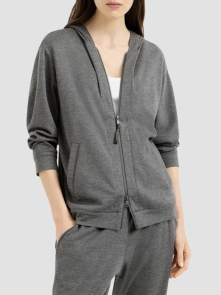 Brunello Cucinelli Women's Cotton and Silk Interlock Hooded Sweatshirt | Thumbnail 2 Brunello Cucinelli Women's Cotton and Silk Interlock Hooded Sweatshirt | Thumbnail 2