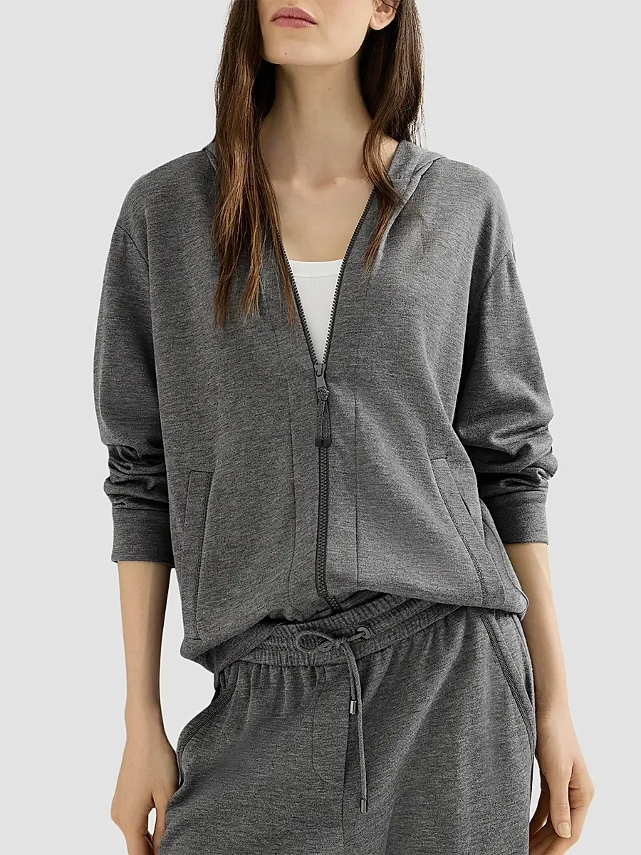 Brunello Cucinelli Women's Cotton and Silk Interlock Hooded Sweatshirt | Thumbnail 4 Brunello Cucinelli Women's Cotton and Silk Interlock Hooded Sweatshirt | Thumbnail 4