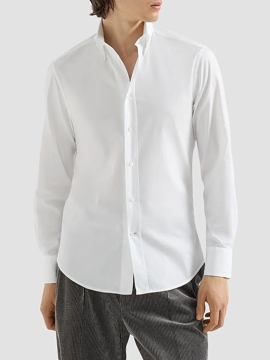 Brunello Cucinelli Men's Twill Shirt with Button-Down Collar - White | Thumbnail 2 Brunello Cucinelli Men's Twill Shirt with Button-Down Collar - White | Thumbnail 2