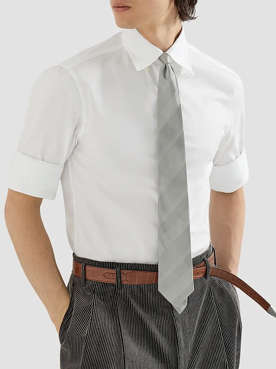 Brunello Cucinelli Men's Twill Shirt with Button-Down Collar - White | Thumbnail 4 Brunello Cucinelli Men's Twill Shirt with Button-Down Collar - White | Thumbnail 4