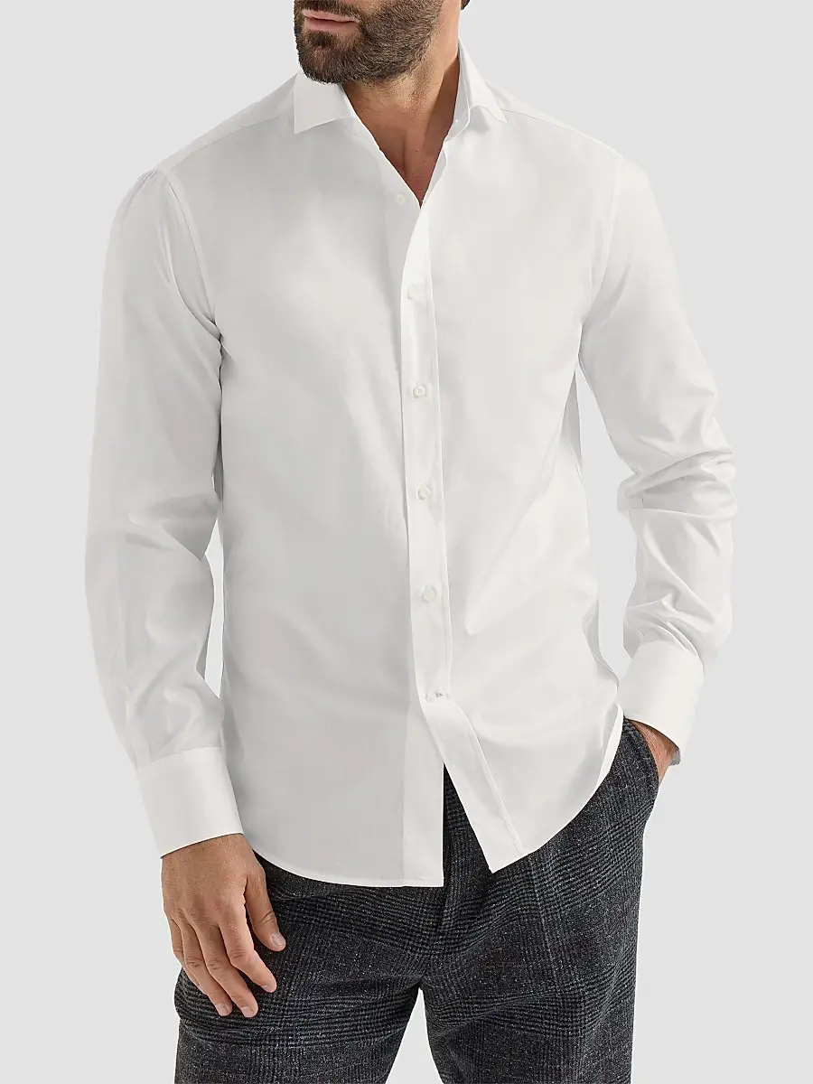 Brunello Cucinelli Men's Twill Shirt with Spread Collar - White | Thumbnail 2 Brunello Cucinelli Men's Twill Shirt with Spread Collar - White | Thumbnail 2