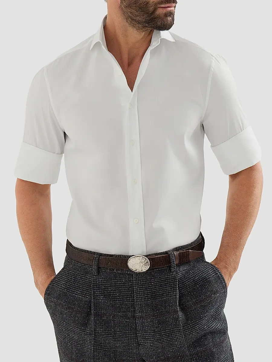 Brunello Cucinelli Men's Twill Shirt with Spread Collar - White | Thumbnail 4 Brunello Cucinelli Men's Twill Shirt with Spread Collar - White | Thumbnail 4
