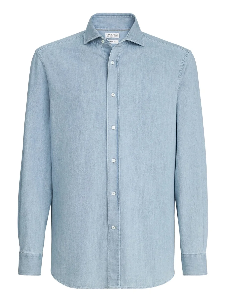 Brunello Cucinelli Men's Lightweight Denim Shirt with Spread Collar - Light Blue Denim