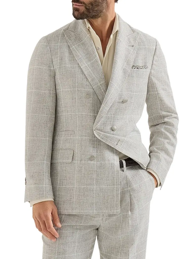 Brunello Cucinelli Men's Linen Prince of Wales One-and-a-Half Breasted Deconstructed Blazer - Panama | Image 1 Brunello Cucinelli Men's Linen Prince of Wales One-and-a-Half Breasted Deconstructed Blazer - Panama | Image 1