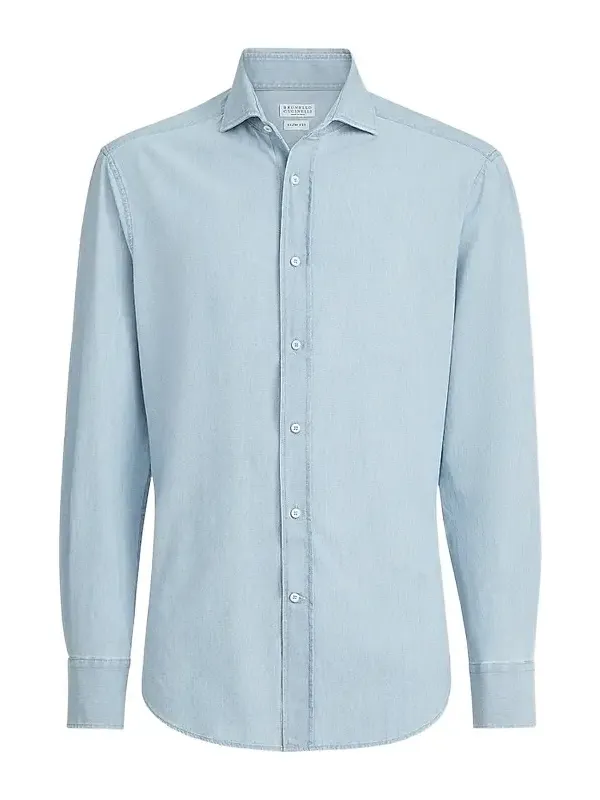 Brunello Cucinelli Men's Denim-Effect Chambray Shirt with Spread Collar - Medium Denim