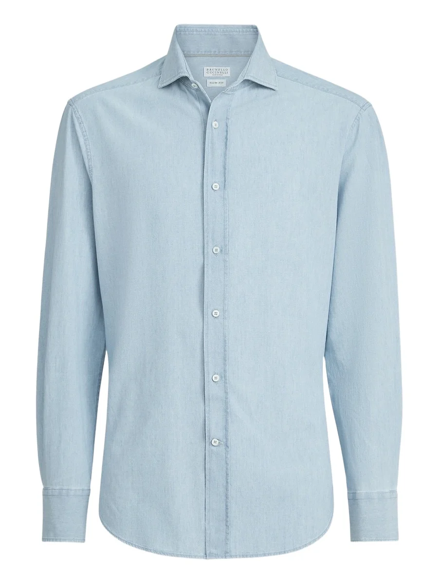 Brunello Cucinelli Men's Denim-Effect Chambray Shirt with Spread Collar - Medium Denim