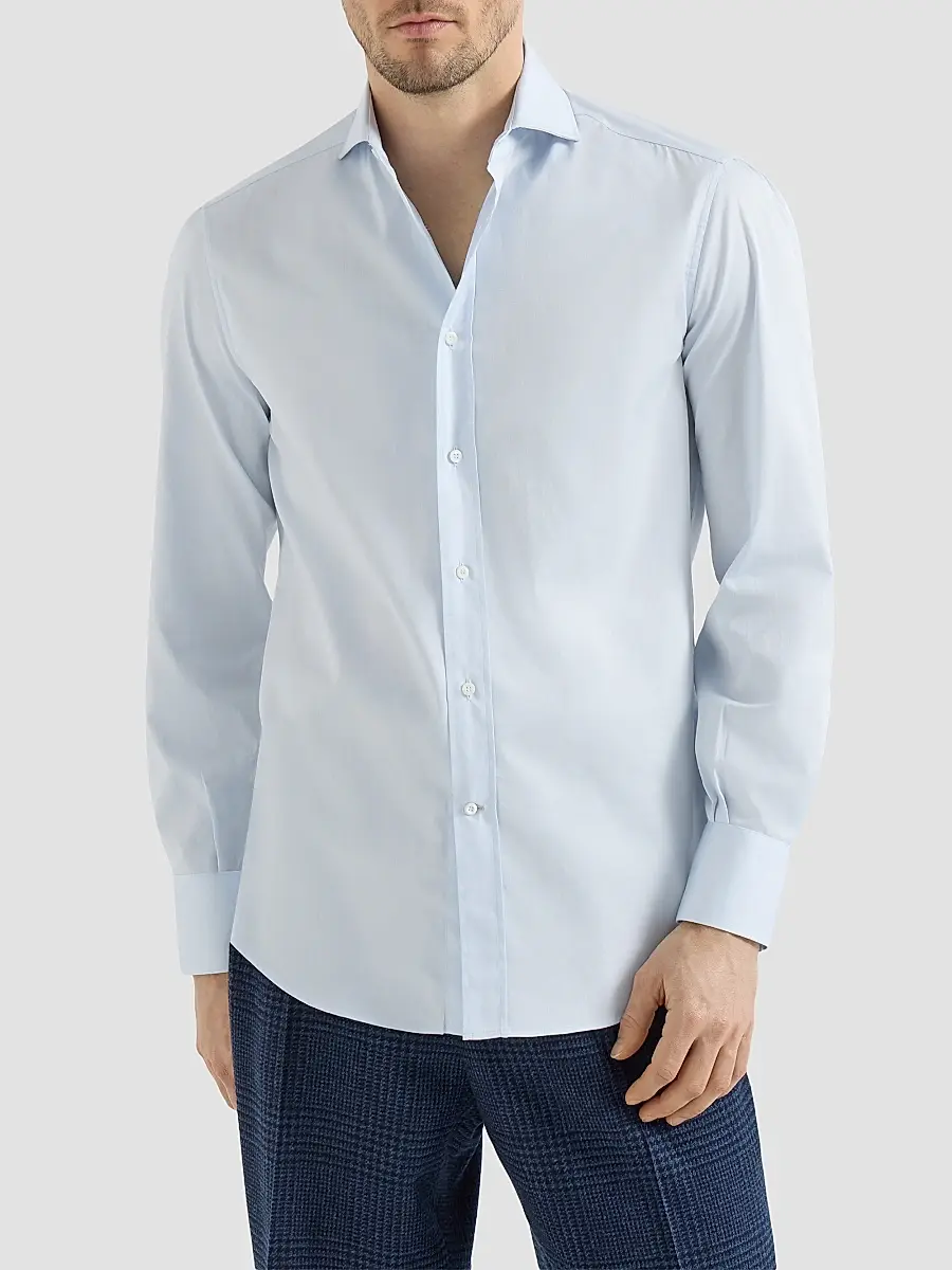 Brunello Cucinelli Men's Twill Shirt with Spread Collar - Azure | Thumbnail 2