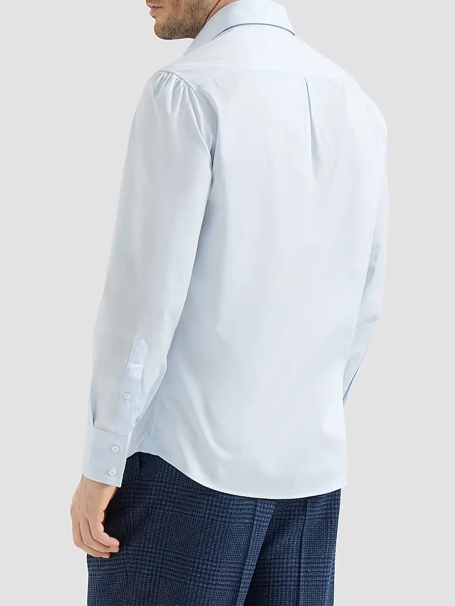 Brunello Cucinelli Men's Twill Shirt with Spread Collar - Azure | Thumbnail 3