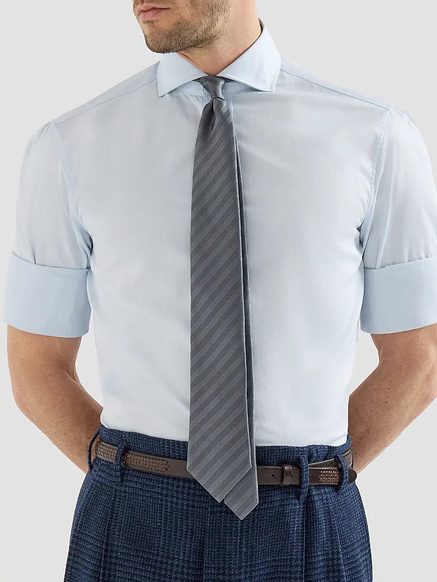 Brunello Cucinelli Men's Twill Shirt with Spread Collar - Azure | Thumbnail 4