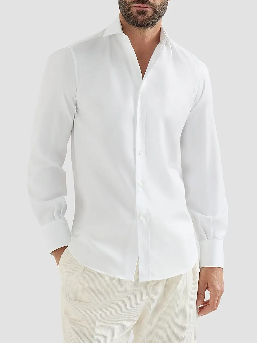 Brunello Cucinelli Men's Twill Shirt with Spread Collar - White | Thumbnail 2 Brunello Cucinelli Men's Twill Shirt with Spread Collar - White | Thumbnail 2