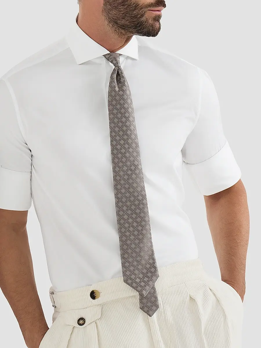 Brunello Cucinelli Men's Twill Shirt with Spread Collar - White | Thumbnail 4 Brunello Cucinelli Men's Twill Shirt with Spread Collar - White | Thumbnail 4