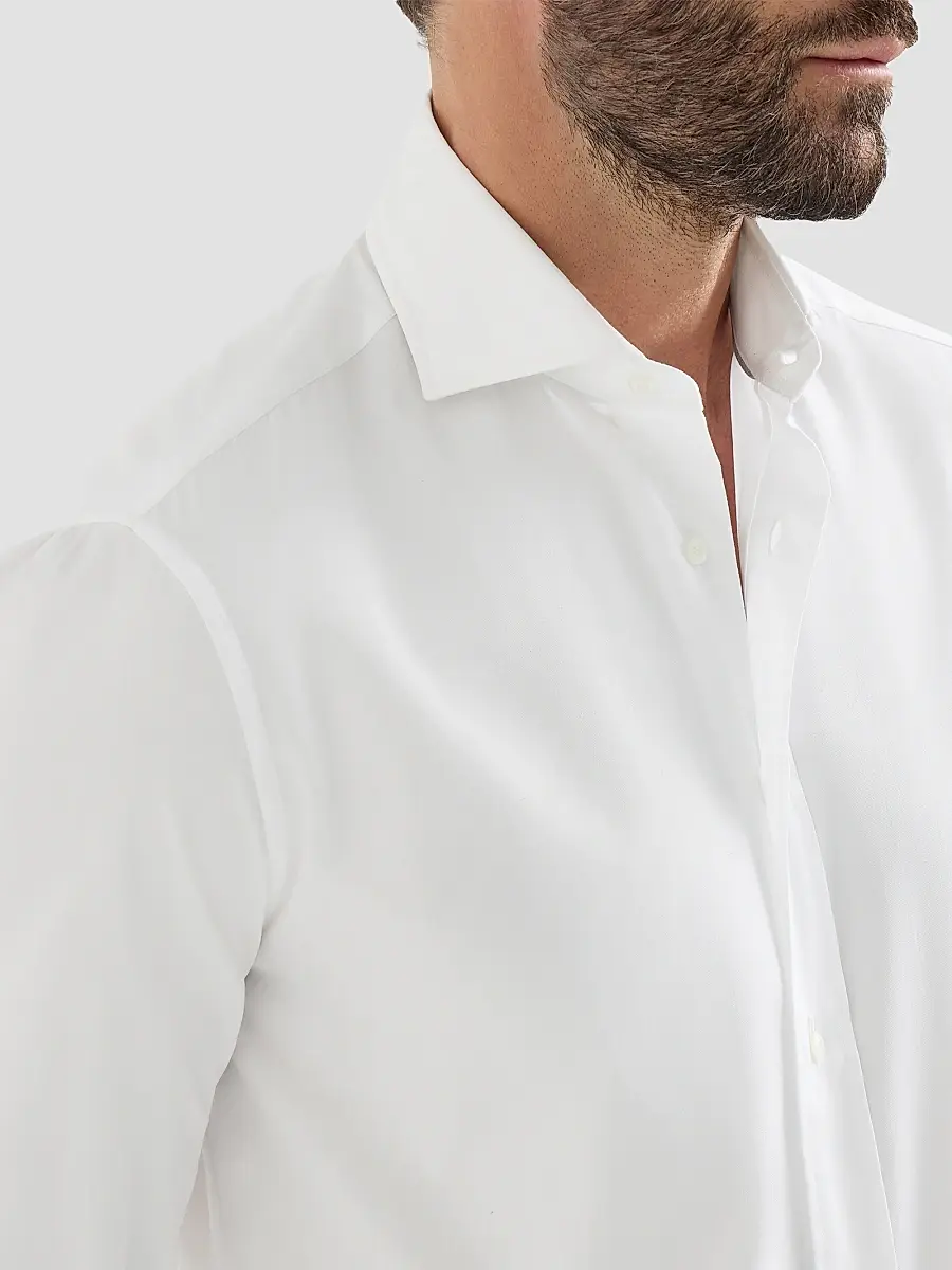 Brunello Cucinelli Men's Twill Shirt with Spread Collar - White | Thumbnail 5 Brunello Cucinelli Men's Twill Shirt with Spread Collar - White | Thumbnail 5