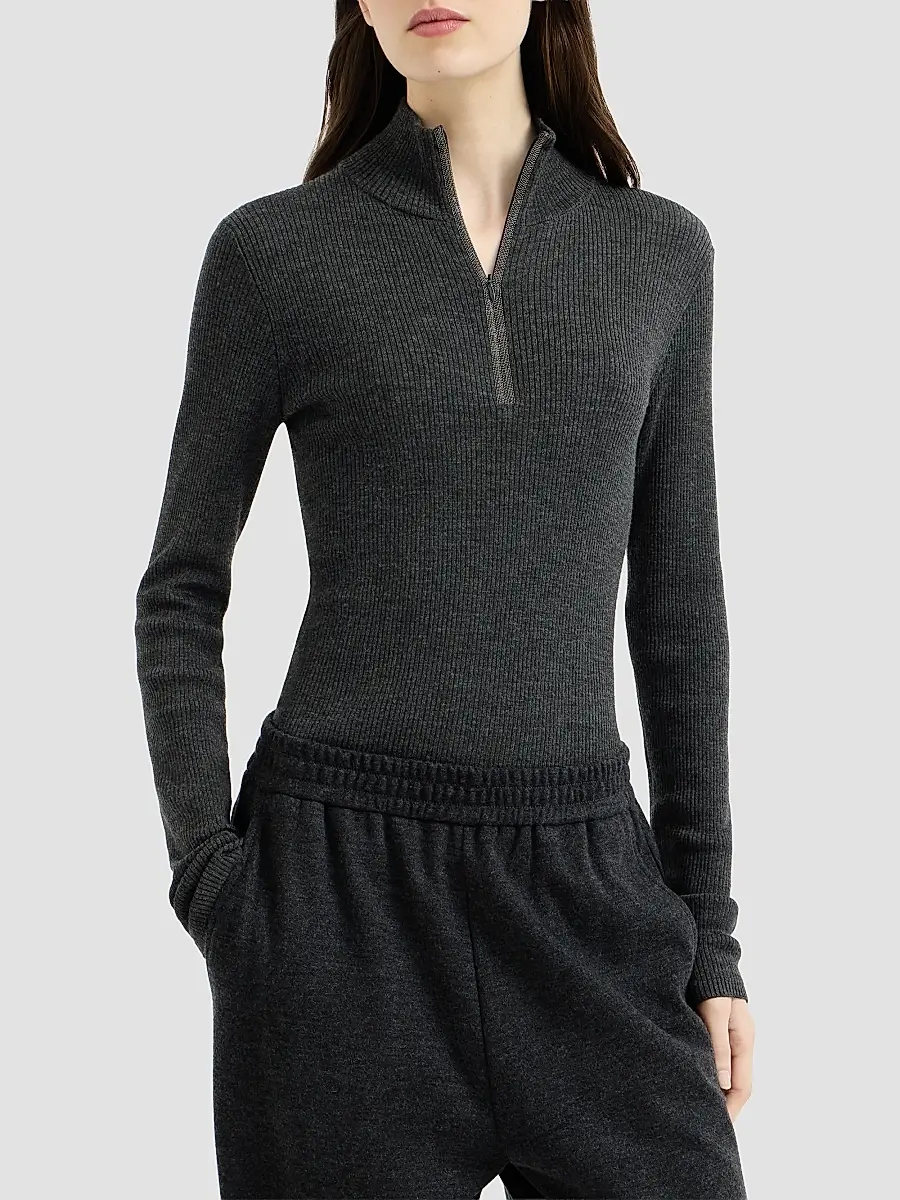 Brunello Cucinelli Women's Virgin Wool and Cashmere Lightweight Ribbed Turtleneck Sweater | Thumbnail 2