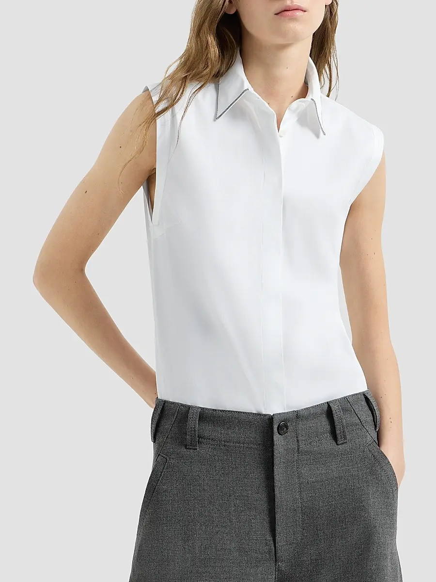 Brunello Cucinelli Women's Stretch Cotton Poplin Sleeveless Shirt | Thumbnail 2 Brunello Cucinelli Women's Stretch Cotton Poplin Sleeveless Shirt | Thumbnail 2