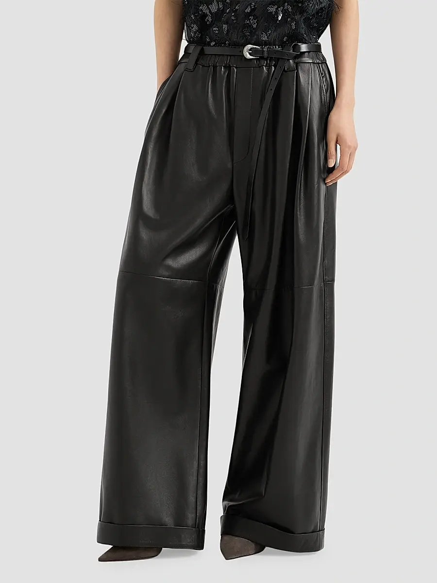 Brunello Cucinelli Women's Nappa Leather Baggy Trousers | Thumbnail 2