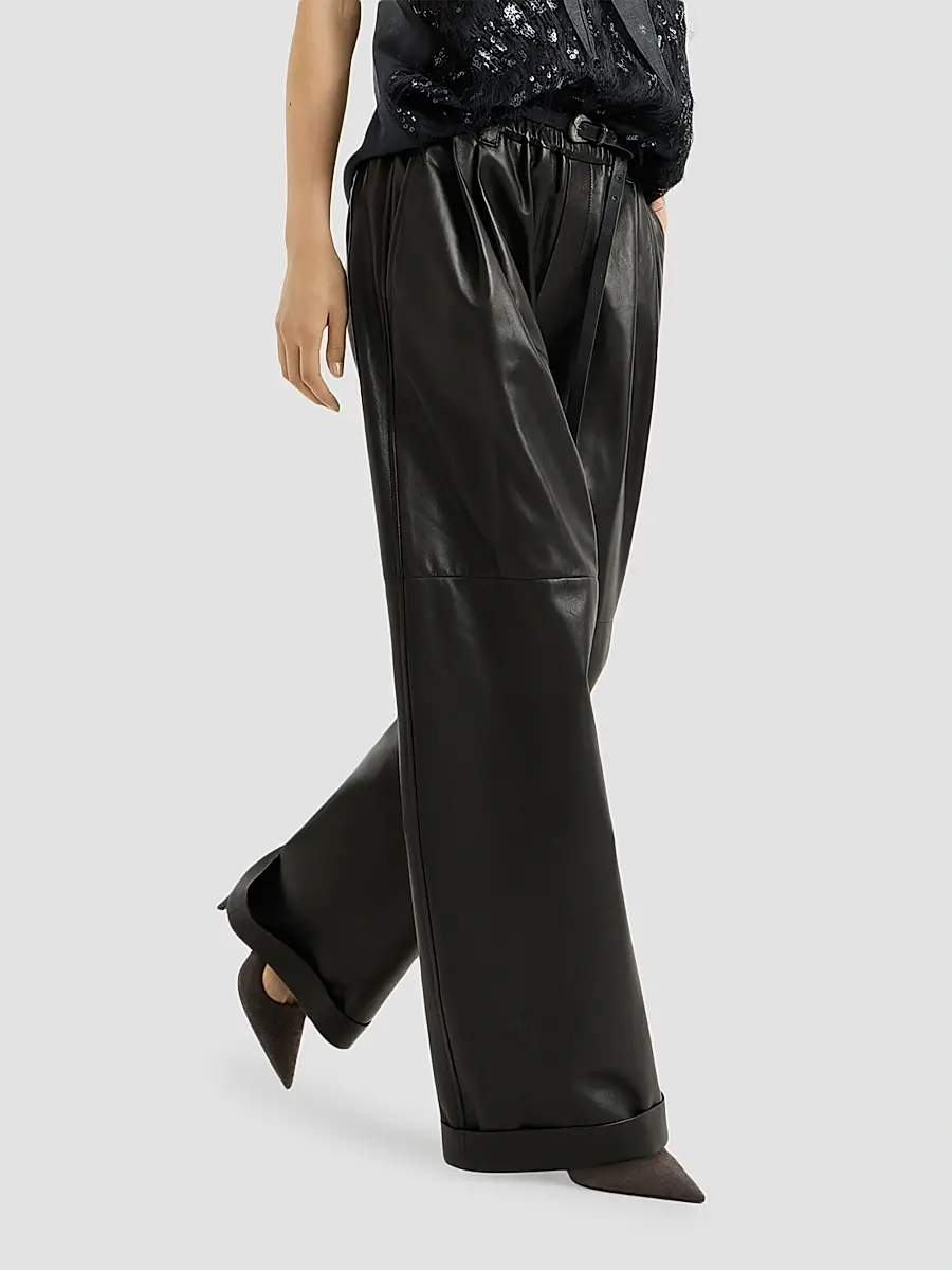 Brunello Cucinelli Women's Nappa Leather Baggy Trousers | Thumbnail 4