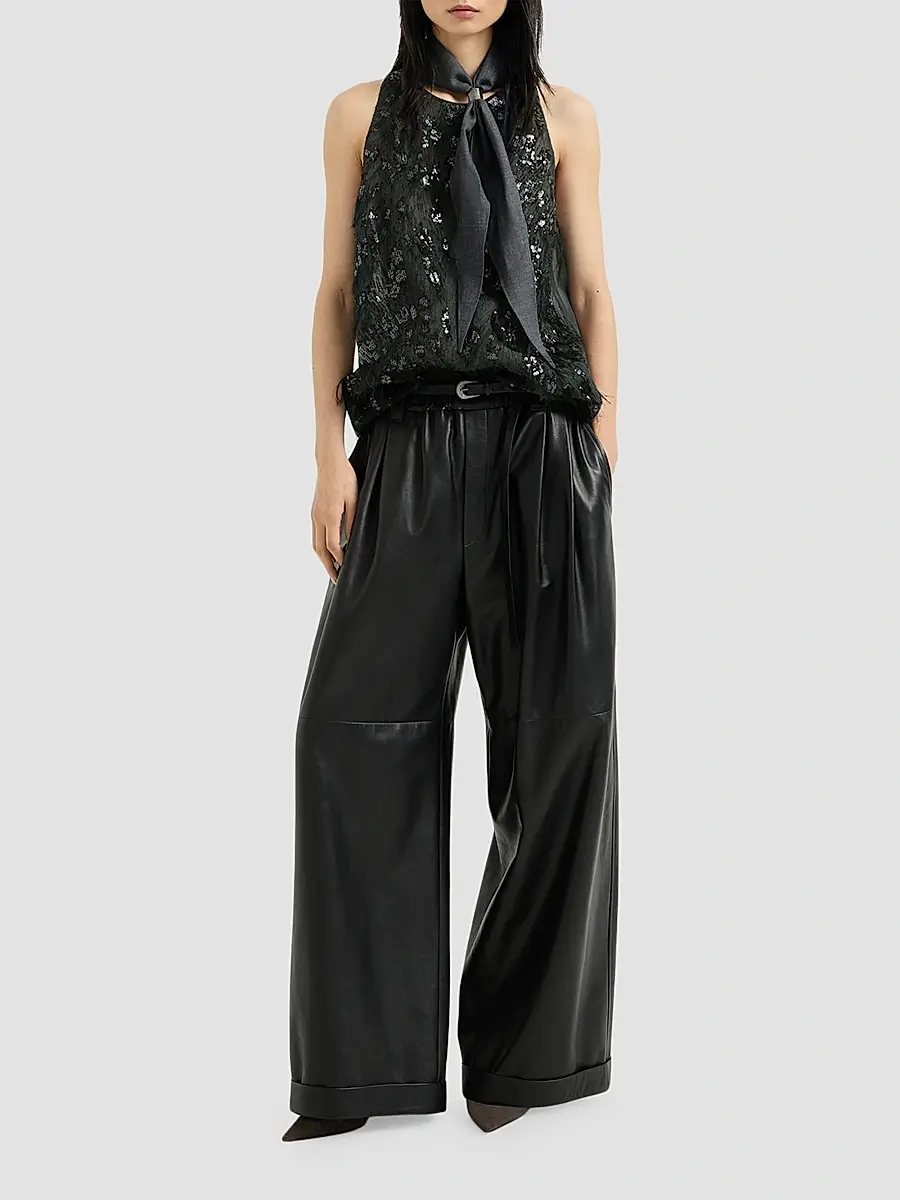 Brunello Cucinelli Women's Nappa Leather Baggy Trousers | Thumbnail 6