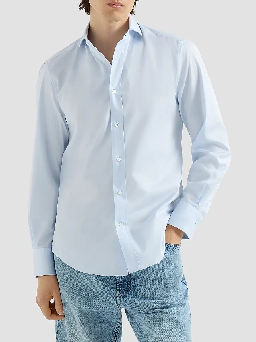 Brunello Cucinelli Men's Twill Shirt with Spread Collar - Azure | Thumbnail 2