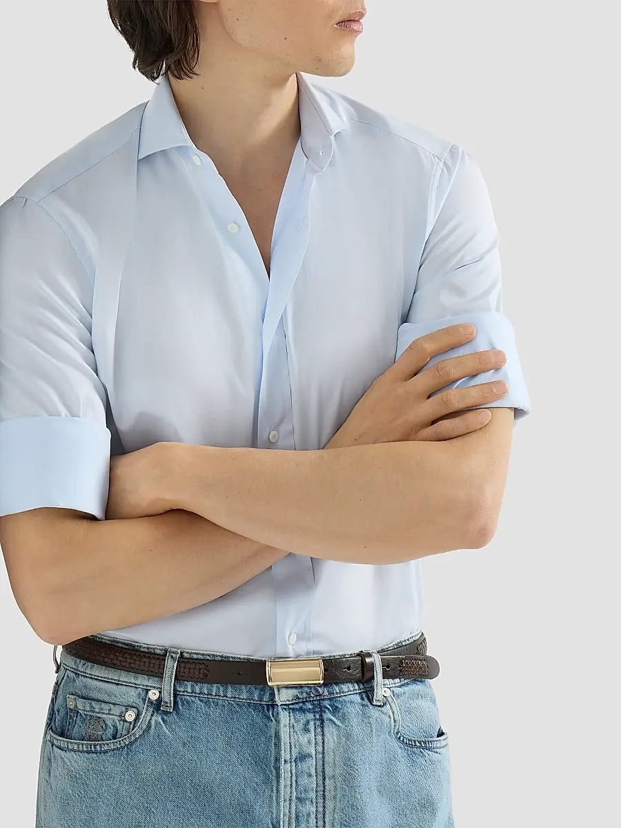 Brunello Cucinelli Men's Twill Shirt with Spread Collar - Azure | Thumbnail 3
