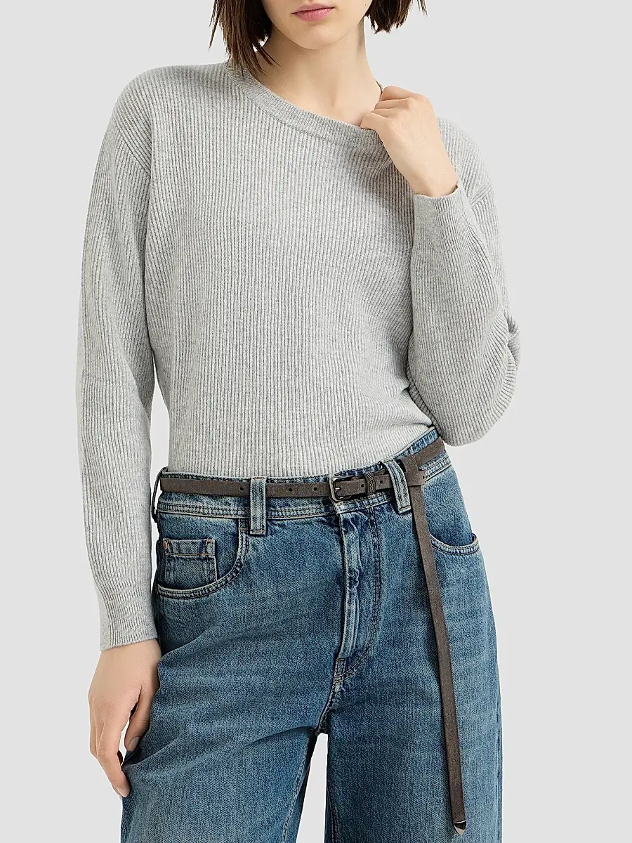 Brunello Cucinelli Women's Cashmere English Rib Sweater with Monili - Light Grey | Thumbnail 2 Brunello Cucinelli Women's Cashmere English Rib Sweater with Monili - Light Grey | Thumbnail 2